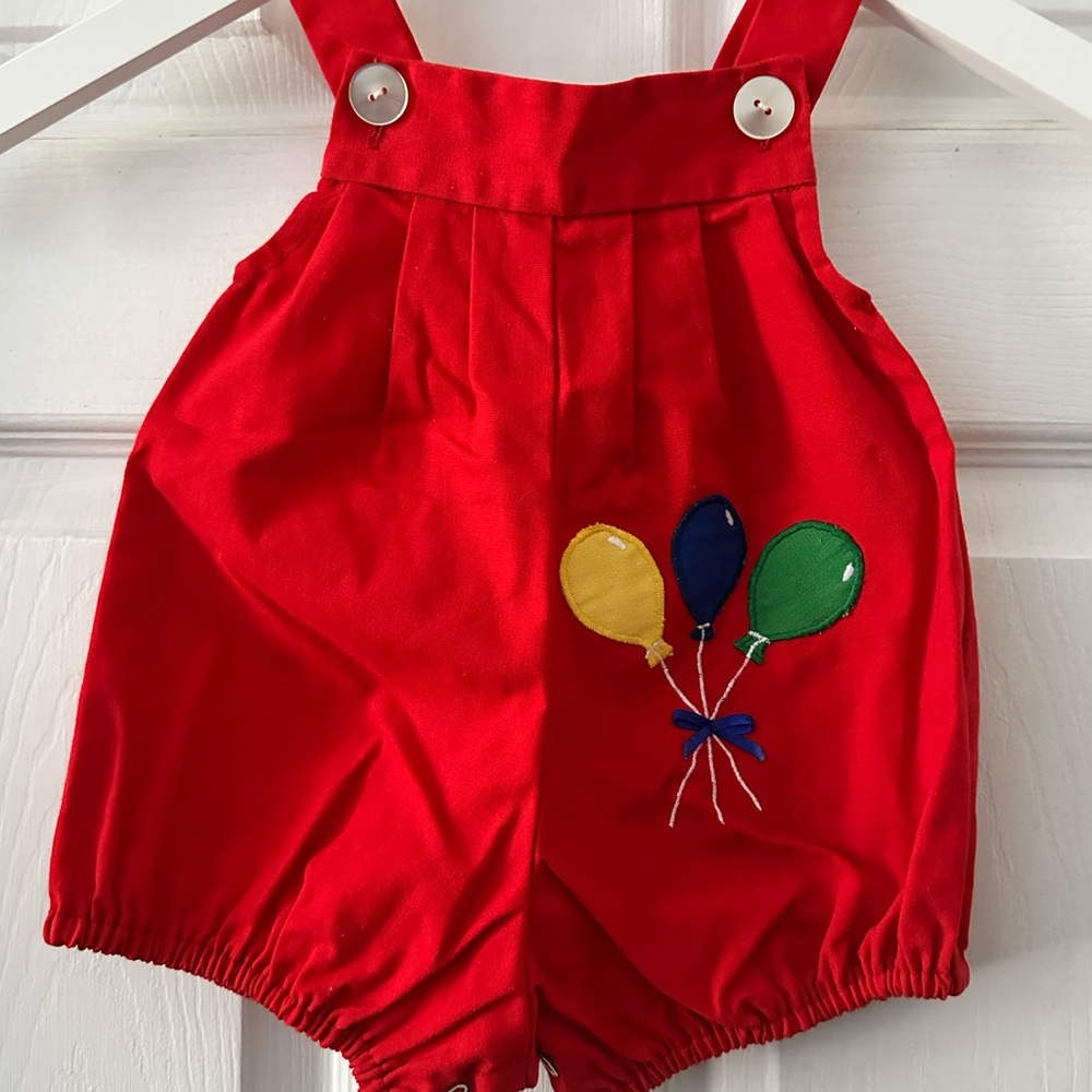 Vibrant Red Kids Overalls with Balloon Embroidery First Birthday Outfit
